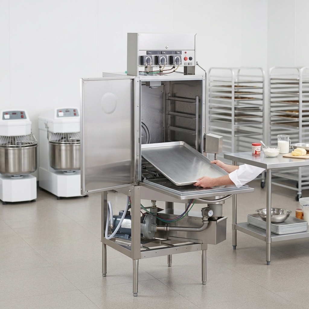 Effortlessly clean oversized bakery trays and sheet pans with the dishmachine's generous tall warewashing capacity.