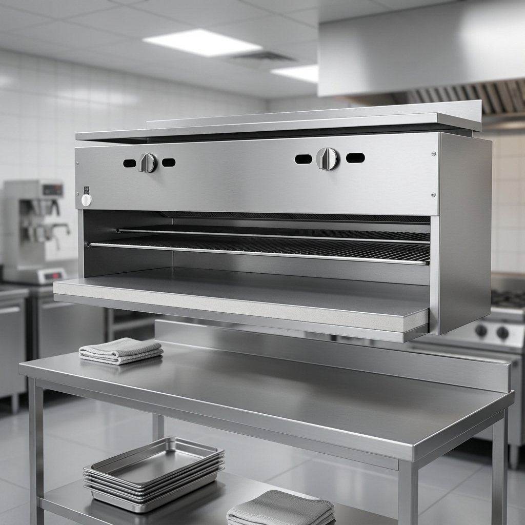This image highlights the cheesemelter's 2-inch thick insulated bottom shelf, designed for superior heat retention and surface protection.
