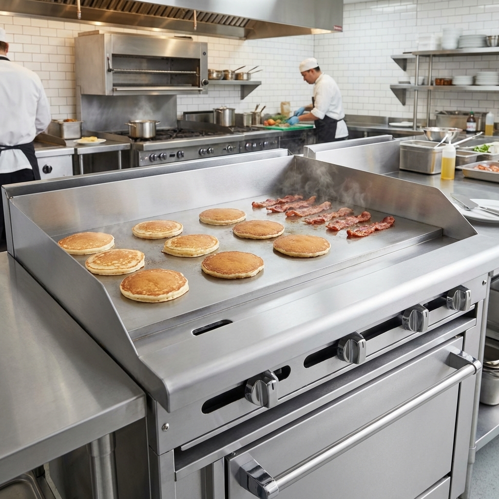 Experience efficient high-volume cooking with the 36-inch griddle's 1" thick polished steel plate and robust splash guards, engineered for superior heat performance.