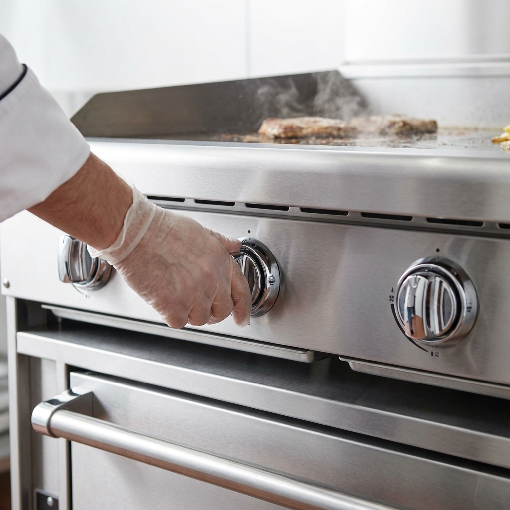 Experience precise, direct heat control for versatile cooking with the robust manual griddle controls on this heavy-duty gas griddle top range.