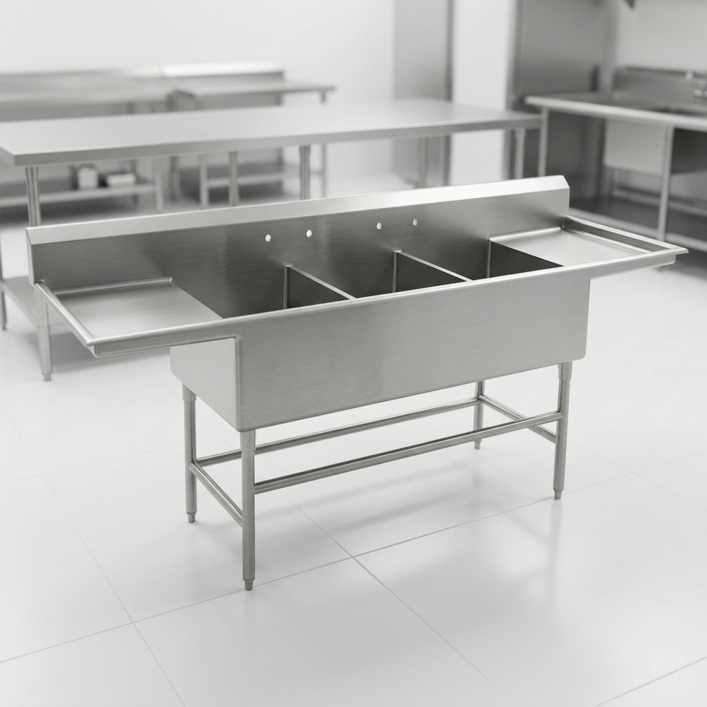 This image showcases the sink's enduring quality, built entirely from heavy-duty 14 gauge type 304 stainless steel for ultimate commercial durability.