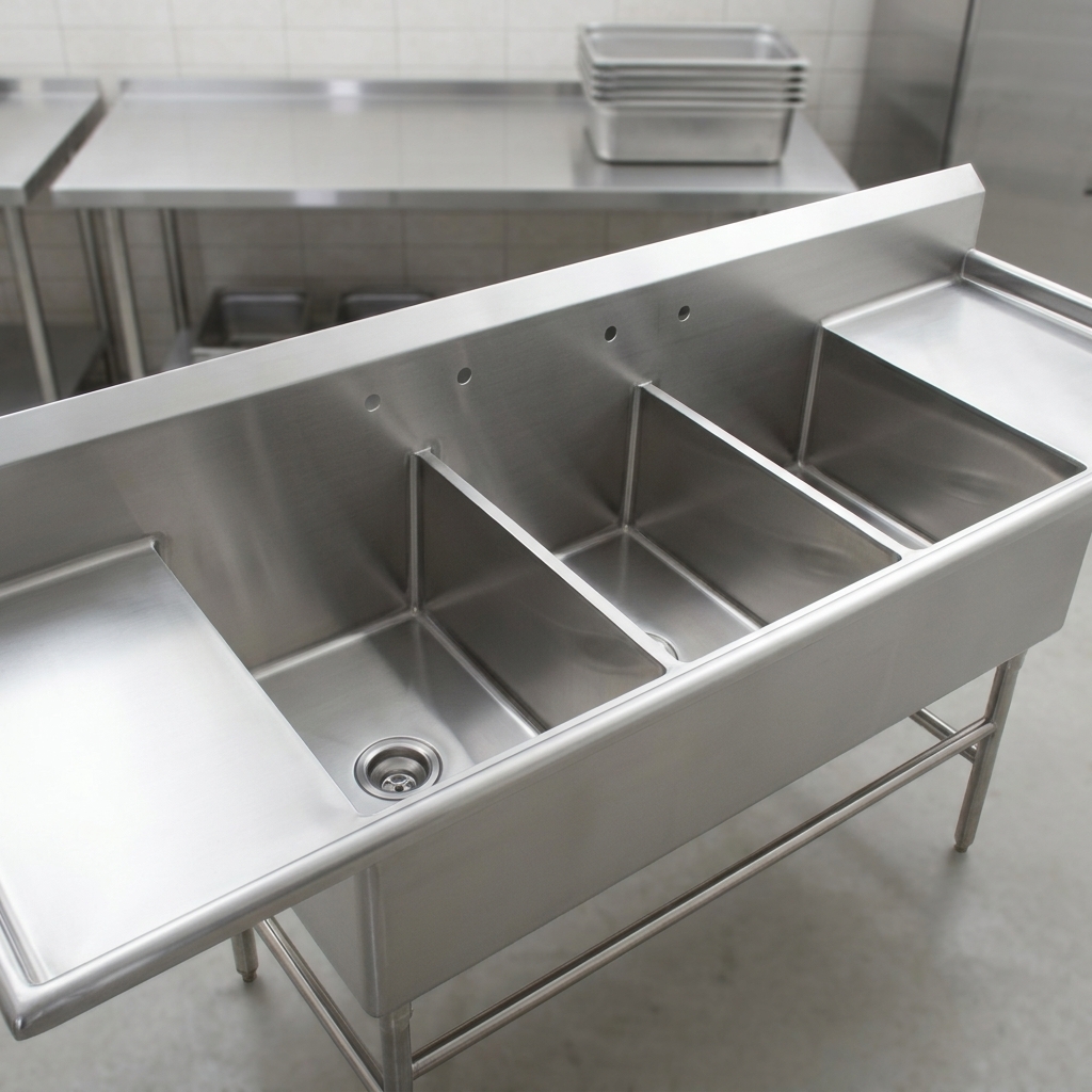 Effortlessly manage your dishwashing workflow with the generously spacious triple sink bowls featured in this commercial sink.