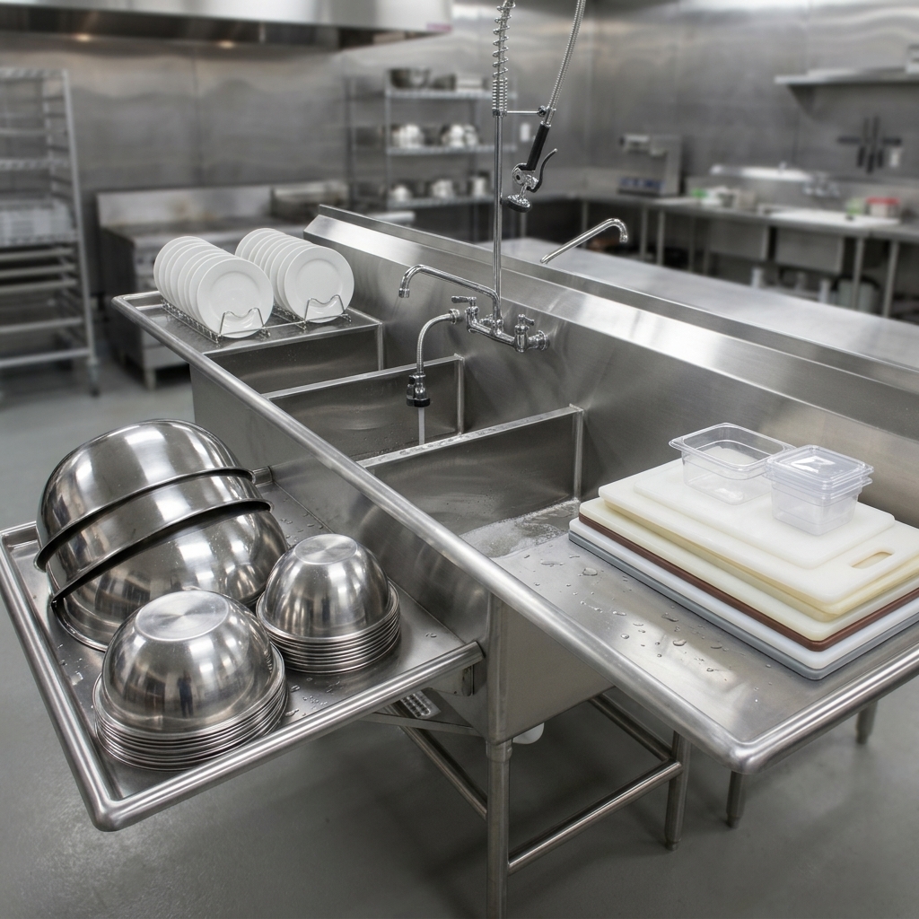 Enhance your kitchen's productivity with this commercial sink's spacious integrated drainboards, offering ample room for drying dishes or food preparation.