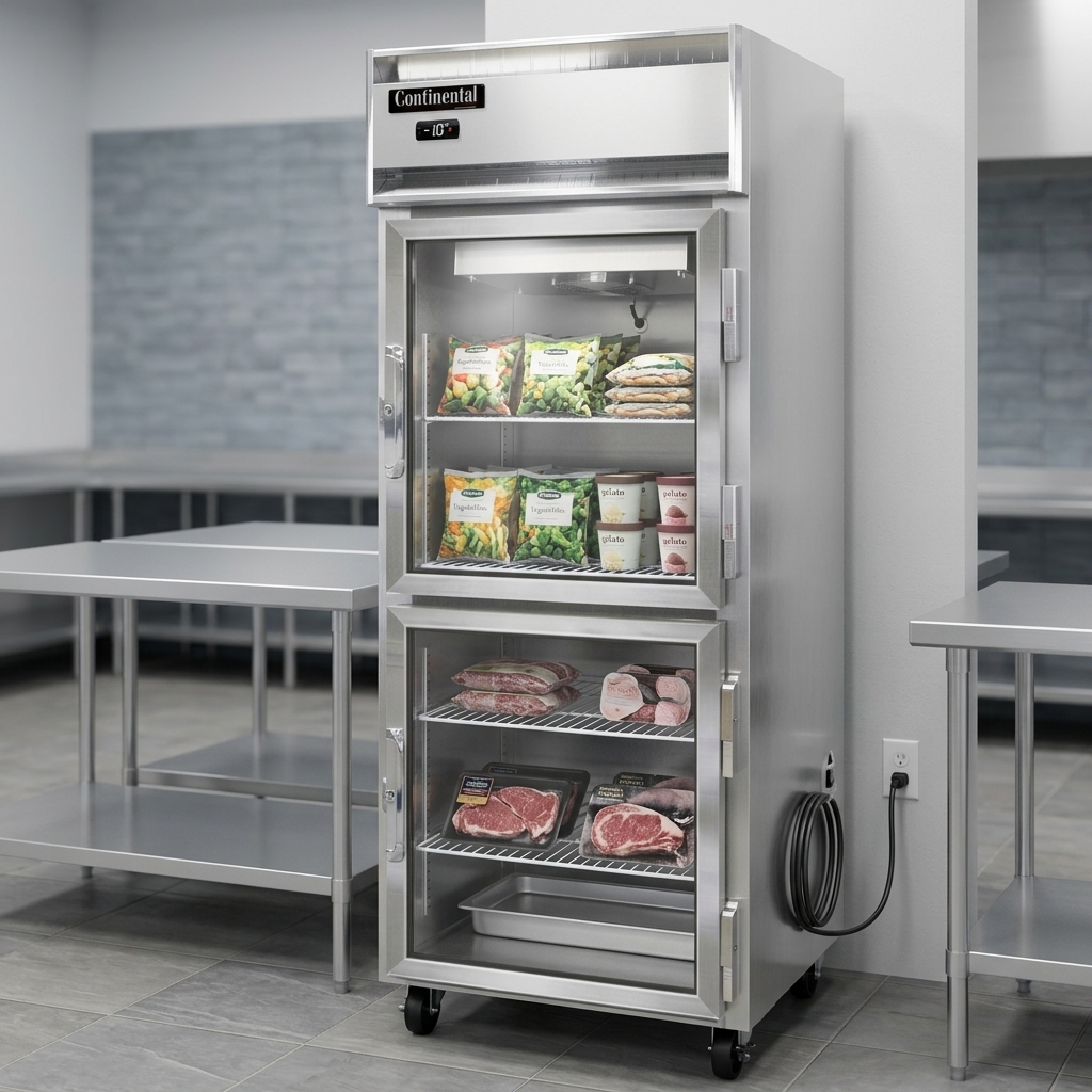 This image showcases the freezer's integrated, self-contained refrigeration system, designed for maintenance-free and efficient performance in busy commercial kitchens.