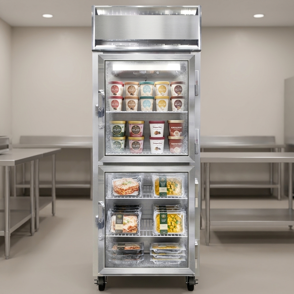 This display freezer showcases optimal product preservation, powered by its environmentally safe and high-efficiency R-290 hydrocarbon refrigerant.