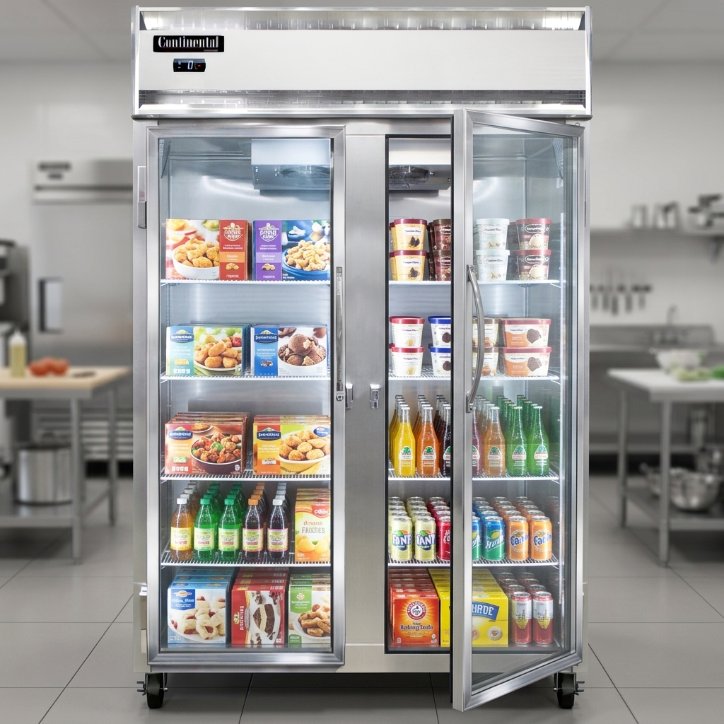 This image showcases the display freezer's narrow hinged glass doors, providing a clear view of products while maximizing space efficiency in a commercial setting.