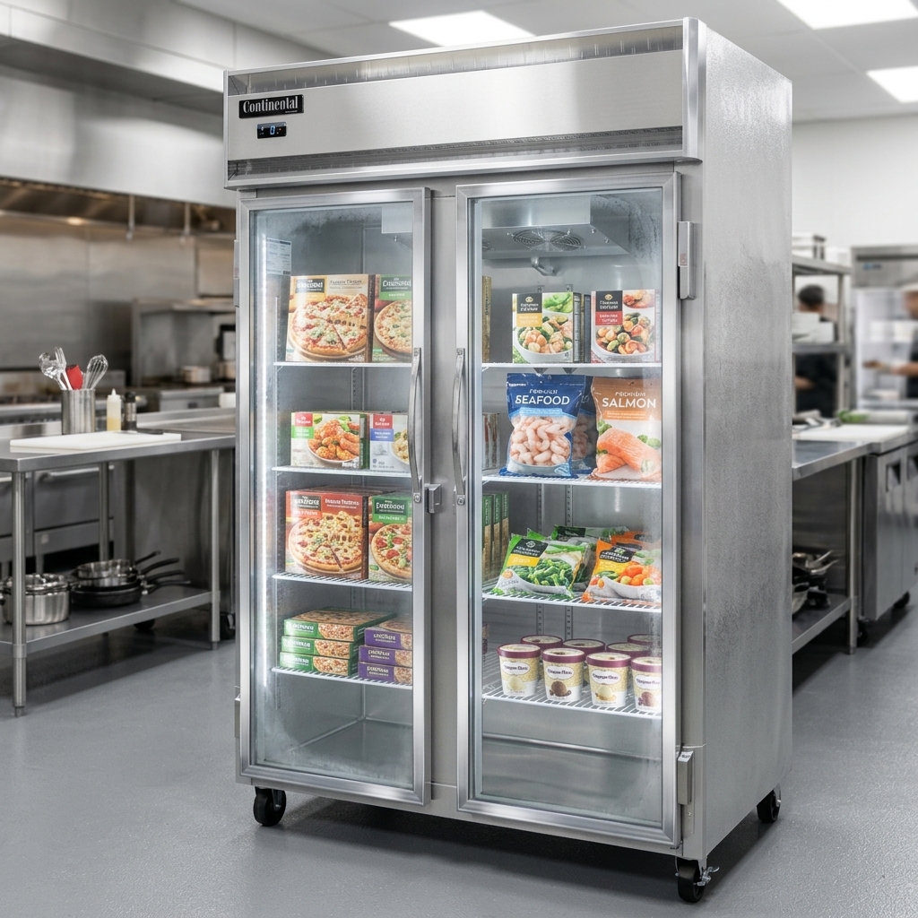 Experience lasting commercial performance with this display freezer's robust stainless steel front and durable aluminum construction.