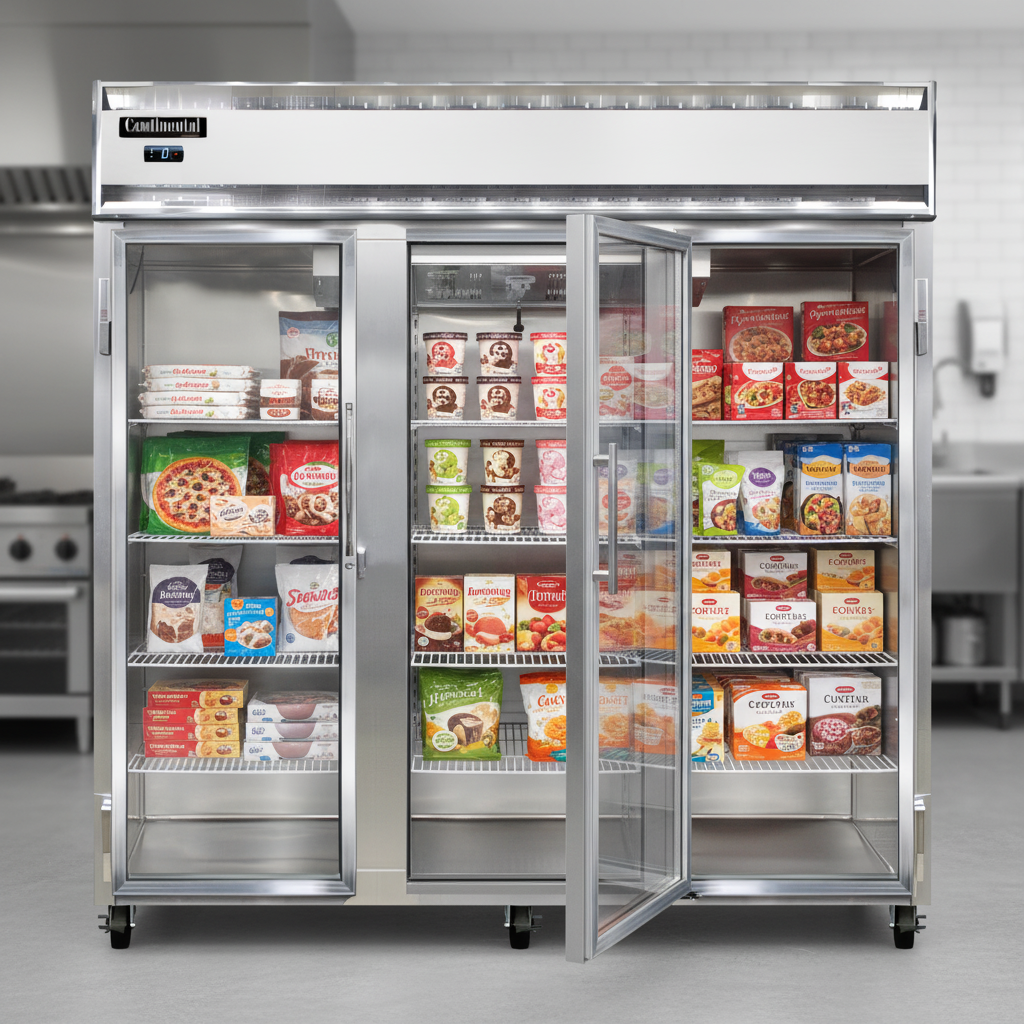 Experience excellent product visibility and space-saving design with the narrow, easy-to-open hinged glass doors of this three-section display freezer.