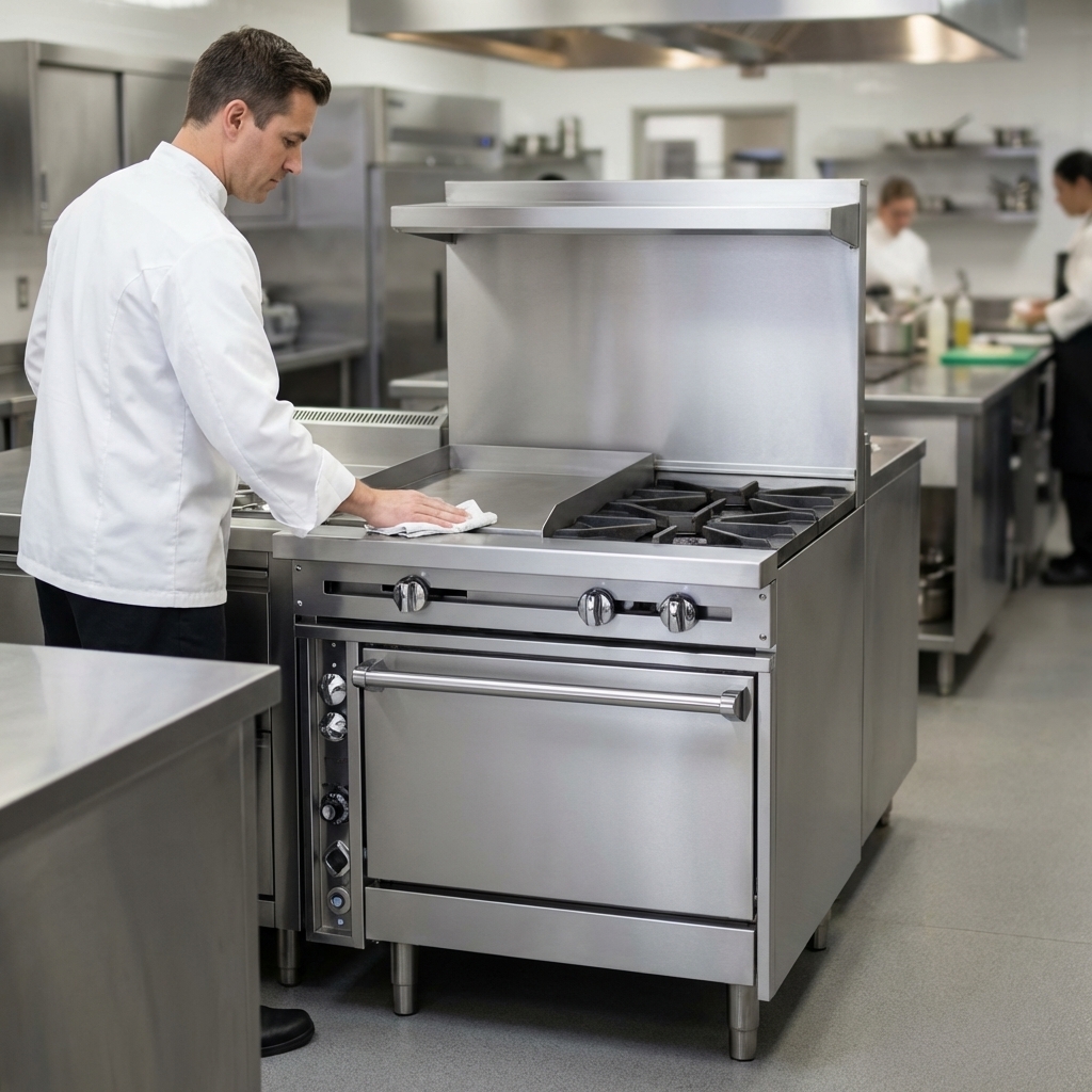 Experience unparalleled durability with this heavy-duty gas range, meticulously constructed from premium stainless steel for the busiest commercial kitchens.