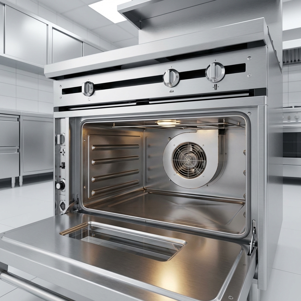This image showcases the powerful convection oven base with a 14 gauge stainless steel interior and intuitive controls, perfect for consistent baking.