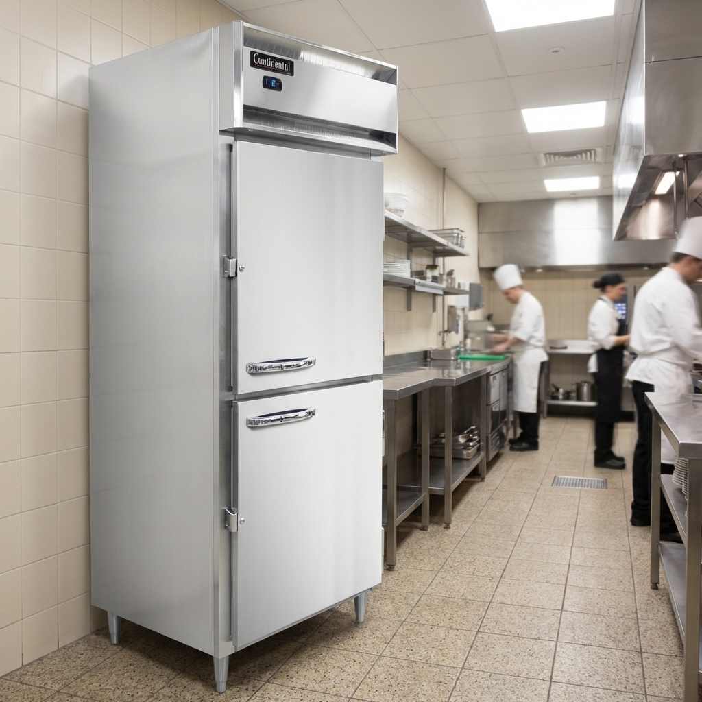 This image beautifully demonstrates the extra-wide, shallow depth design of the reach-in freezer, optimizing storage capacity without impeding kitchen workflow.