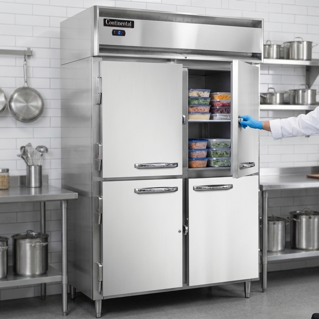 Experience convenient access and minimized cold air loss with the extra-wide half-height solid doors of this commercial reach-in freezer.