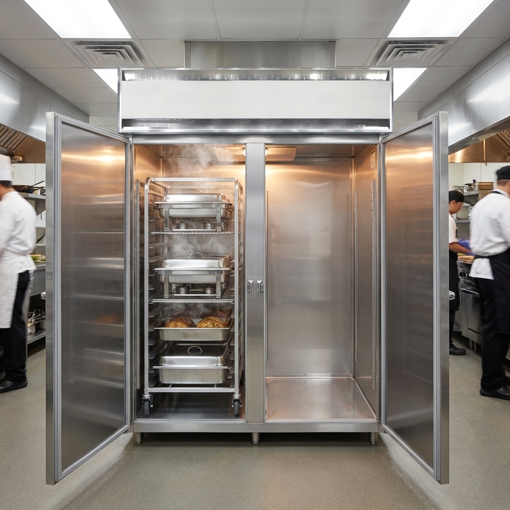Effortlessly load and unload prepared foods with seamless roll-in rack compatibility for maximum kitchen efficiency.