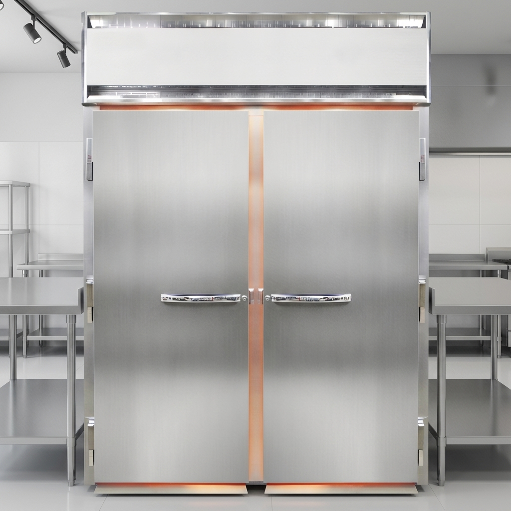 Showcasing maximum insulation, this image features the full-height solid doors of the two-section roll-in warmer, ensuring consistent internal temperatures.