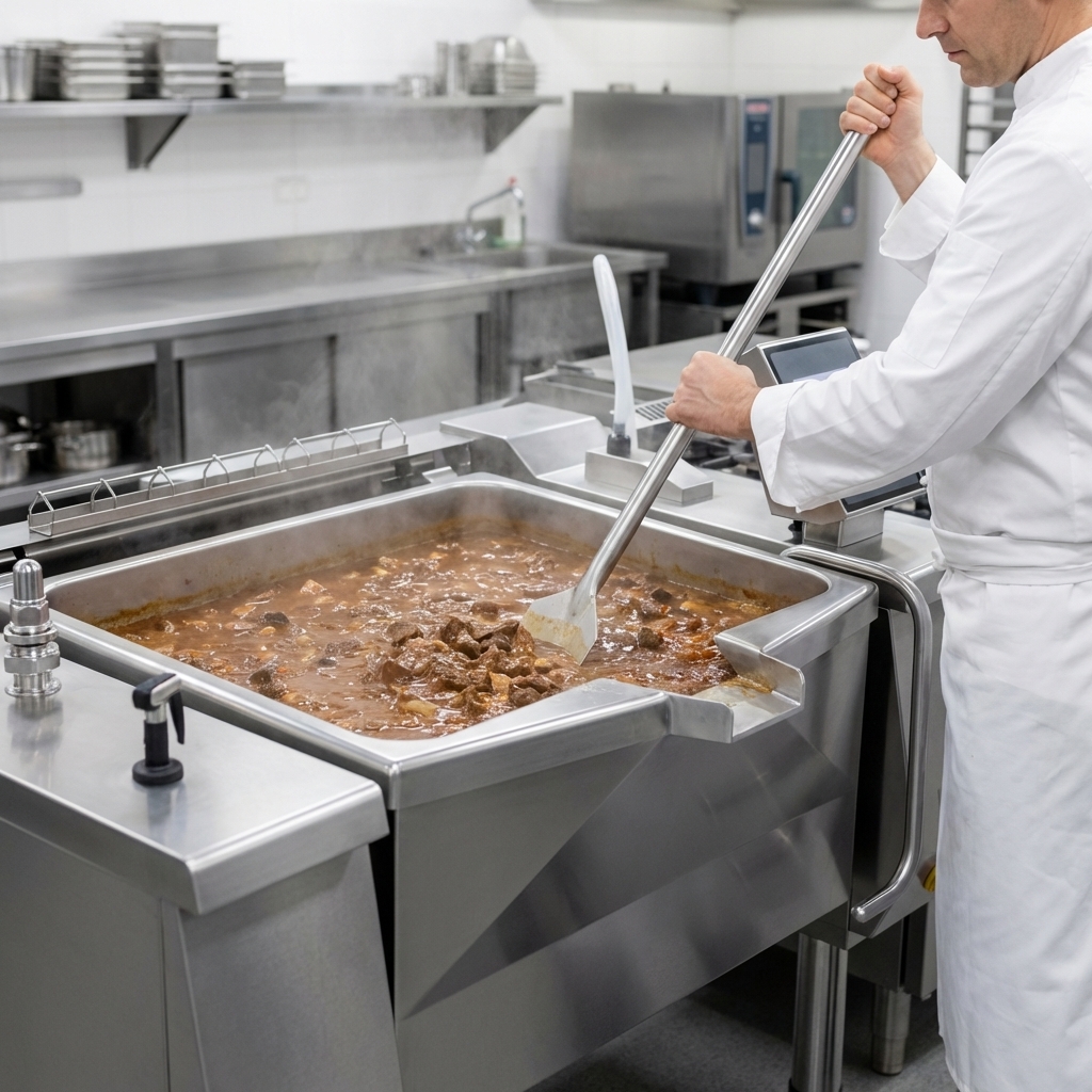 This image showcases the Betterpan 38 Gallon Gas Tilting Skillet's impressive capacity, perfect for preparing large quantities of your most popular dishes efficiently.