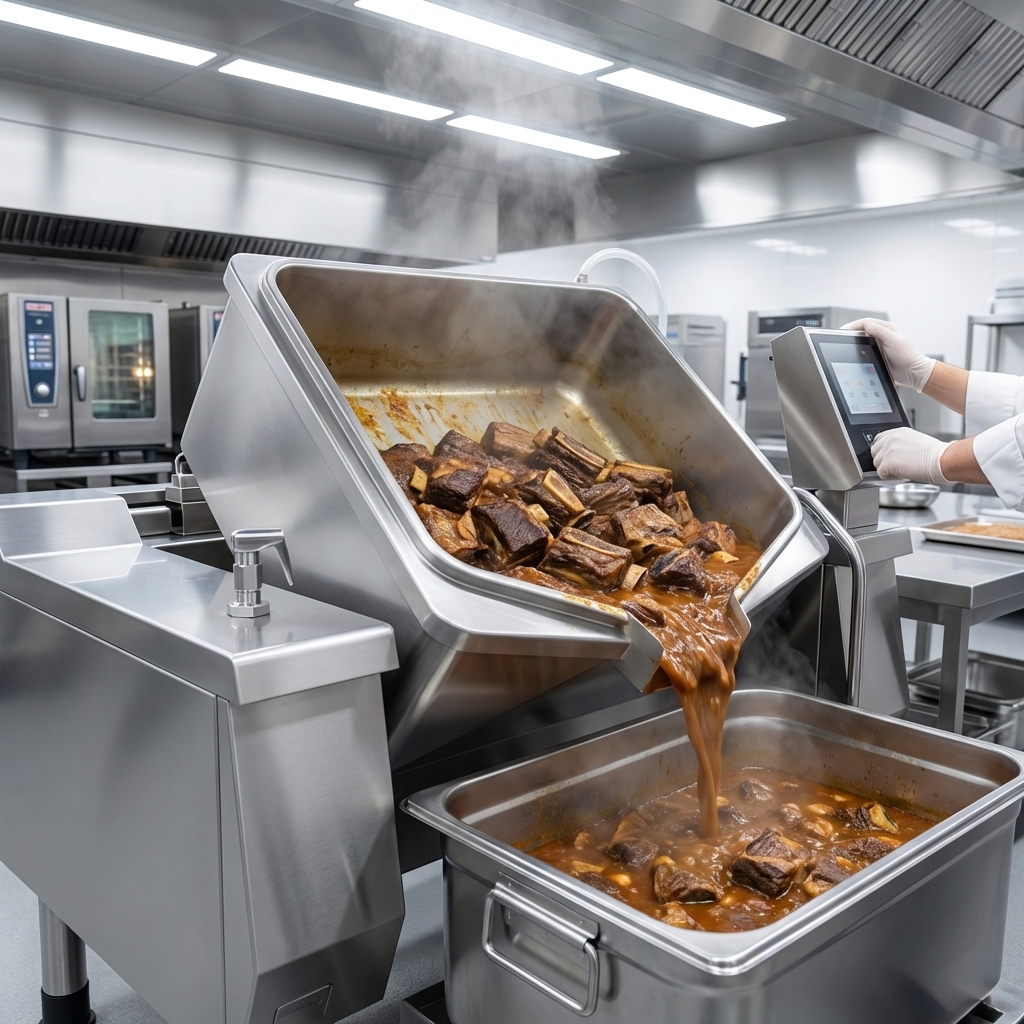 Effortlessly transfer large quantities of food with the braising pan's smooth and safe power tilt mechanism.