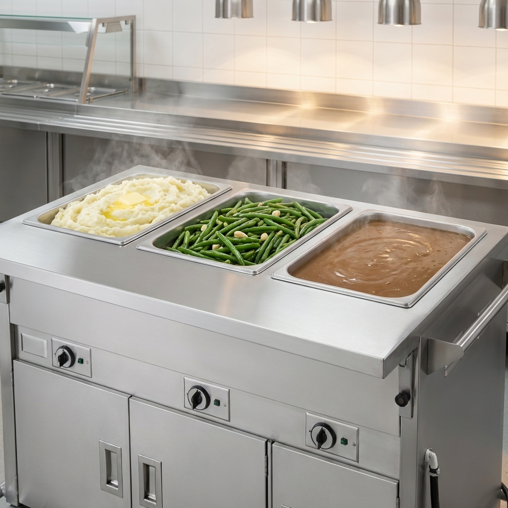 The mobile hot food counter's three sealed wells efficiently maintain optimal food temperatures and prevent spills.
