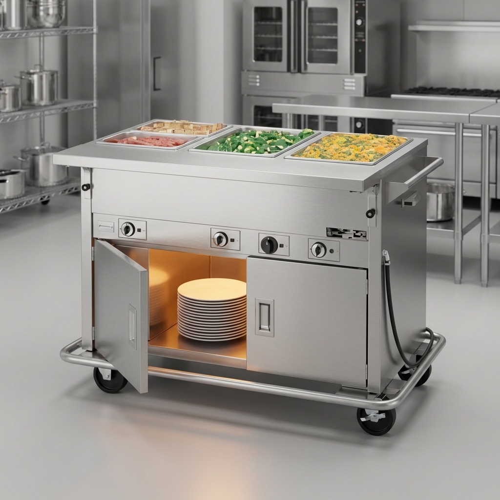 Keep extra items warm and ready for service with the convenient and spacious heated under storage of this mobile hot food counter.