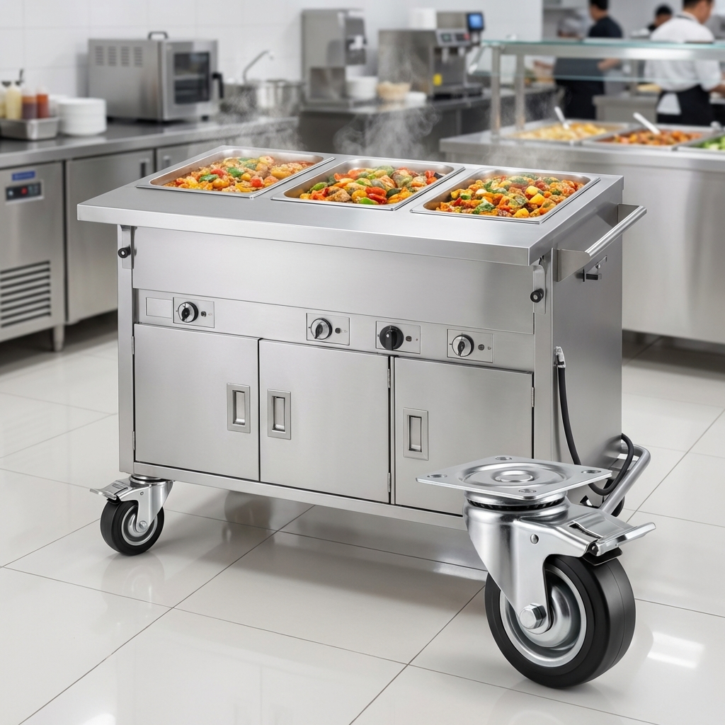 This hot food counter's heavy-duty 5-inch casters ensure effortless mobility, allowing you to position hot food service precisely where it's needed.