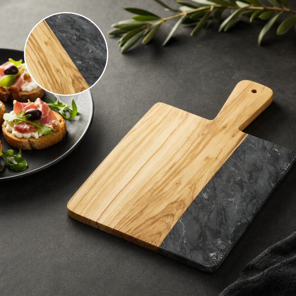 Olive Wood and Black Marble Construction