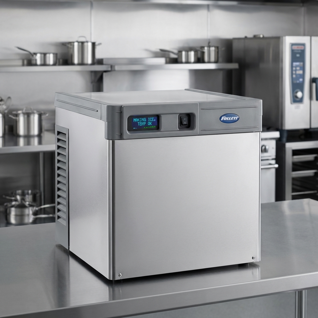This image highlights the ice machine's durable and attractive construction, featuring a robust stainless steel exterior and a clear, easy-to-read LED operating display.
