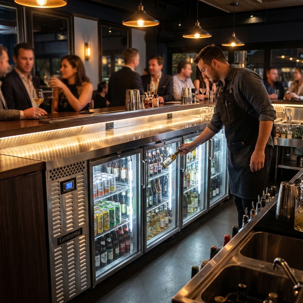 Showcasing its shallow depth, this back bar cooler integrates seamlessly into compact bar layouts while maintaining ample storage.