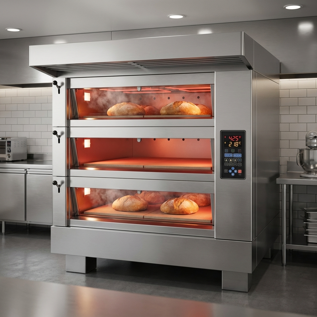 This electric three-deck oven ensures consistent, precise temperatures for perfectly baked goods every time.