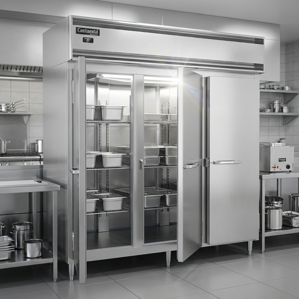 This image showcases the ample 75 cu. ft. capacity and organized three-section design of the extra-wide heated holding cabinet, ideal for high-volume operations.