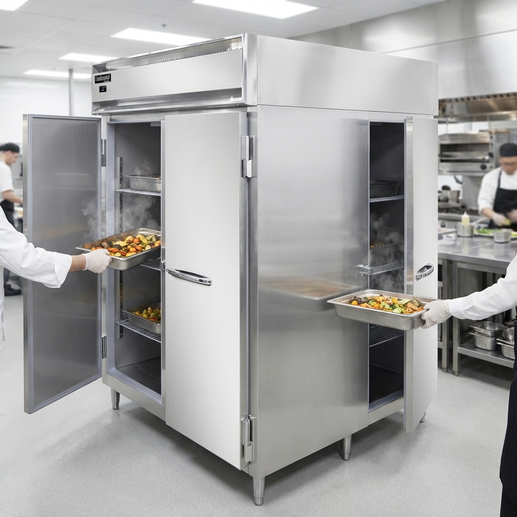 Experience seamless kitchen workflow with this pass-thru heated holding cabinet, designed for efficient loading from prep and retrieval from service.