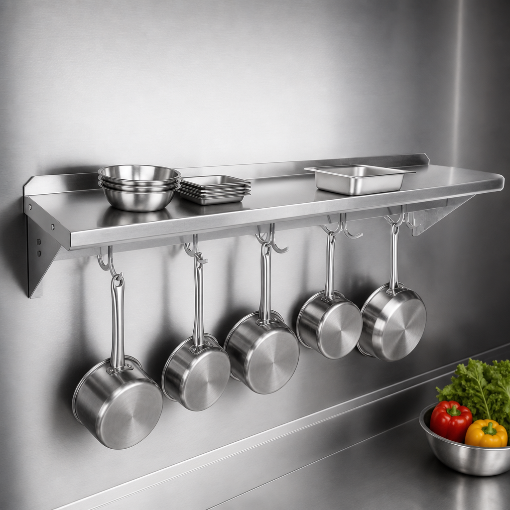 Wall-Mount Shelf With Integrated Pot Rack