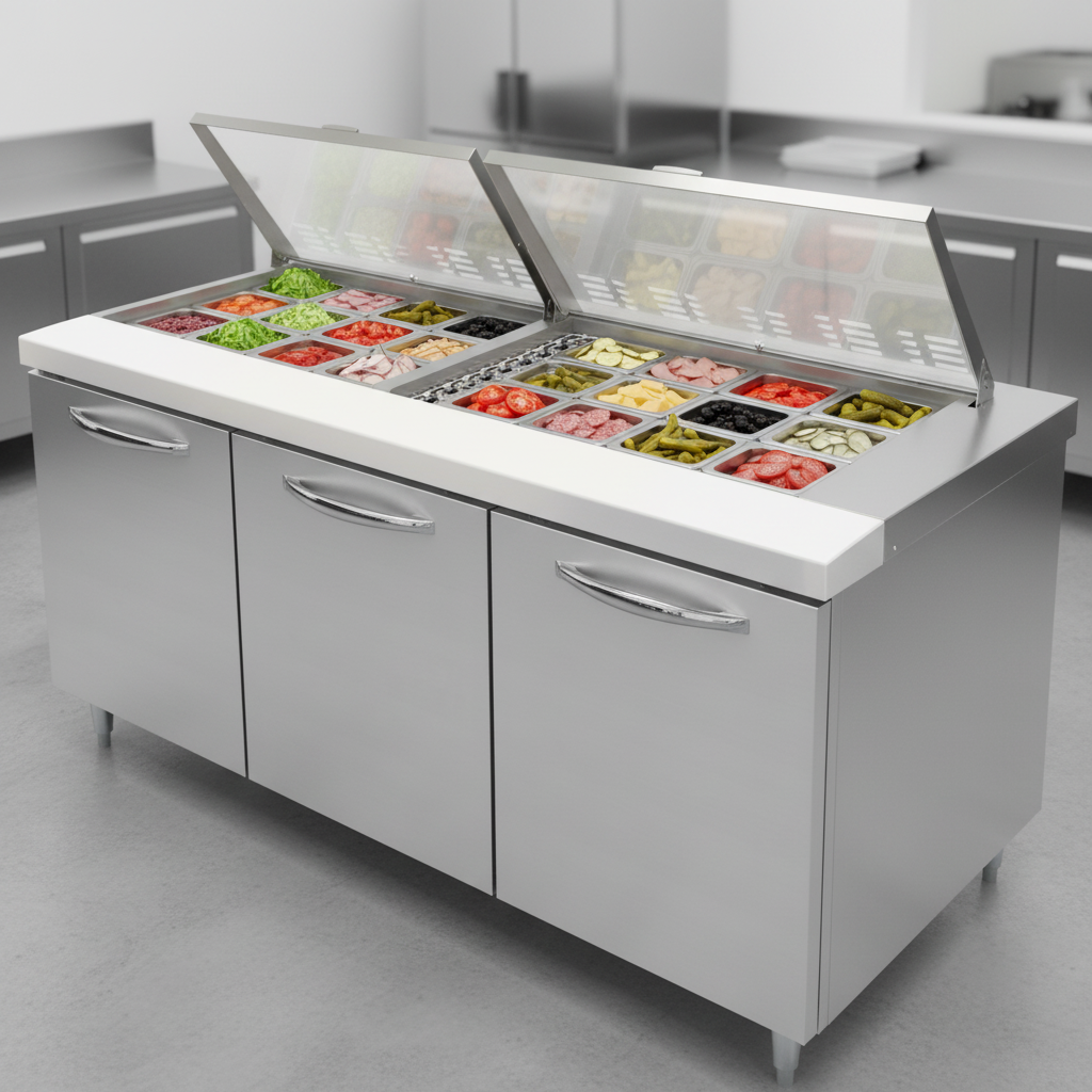 This image highlights the prep table's 'Mighty Top' design, featuring an integrated pan rail system with 27 pans for chilled, easily accessible ingredients.