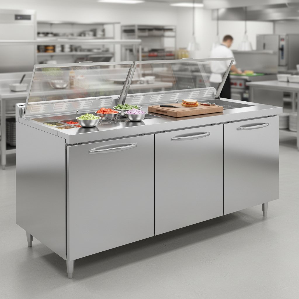This image highlights the sandwich prep table's exceptionally durable stainless steel construction, built to withstand the demands of a busy commercial kitchen.
