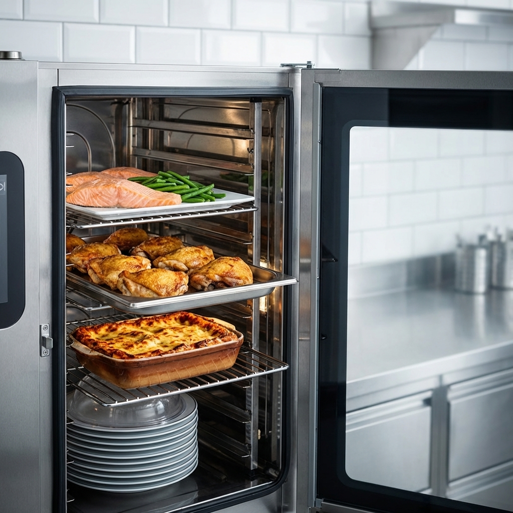 Experience the culinary versatility of the Convotherm combi oven, capable of expertly preparing a wide range of dishes with its multiple cooking modes.