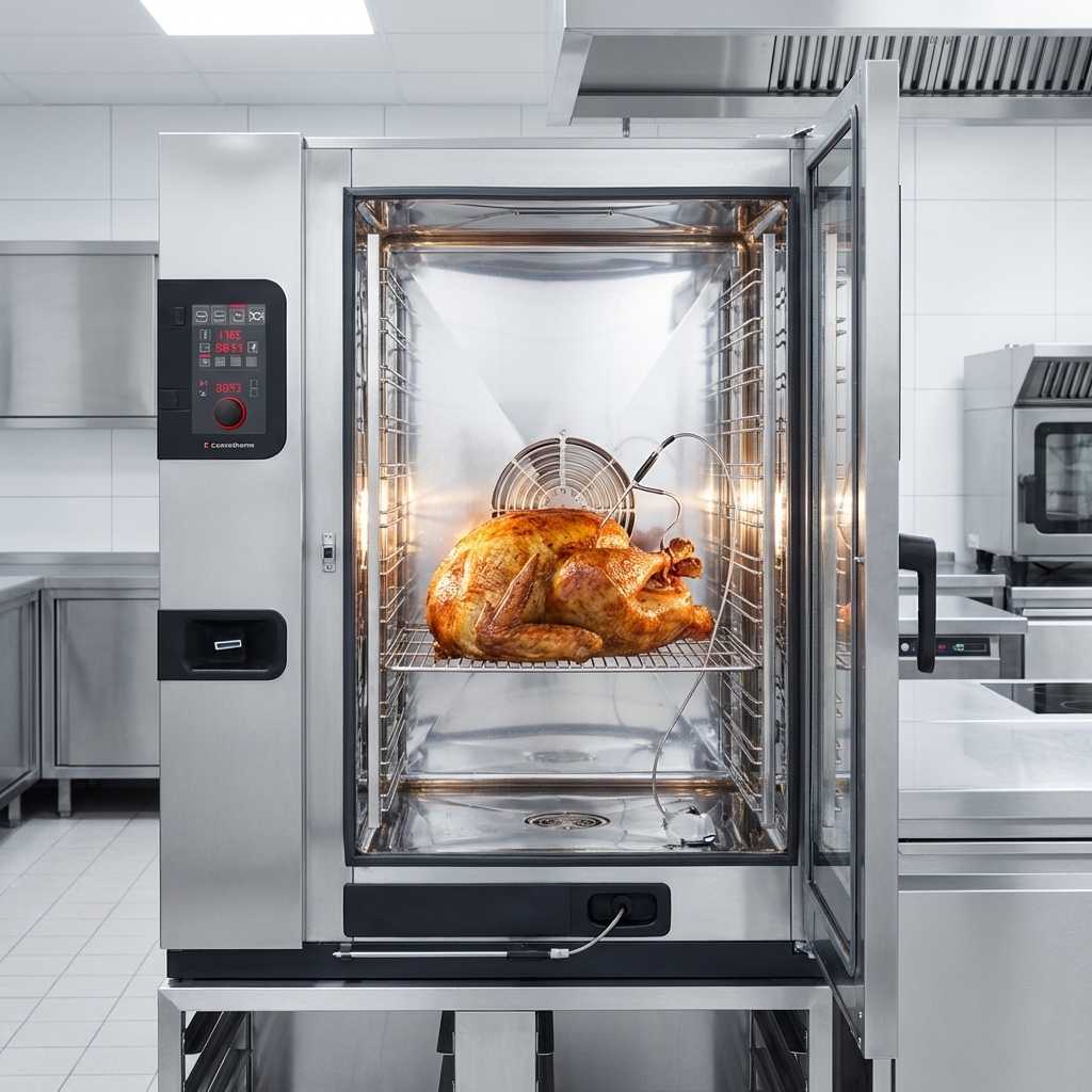 Achieve culinary perfection with the combi oven's multi-point core temperature probe, ensuring precise cooking and uniform results for every dish.