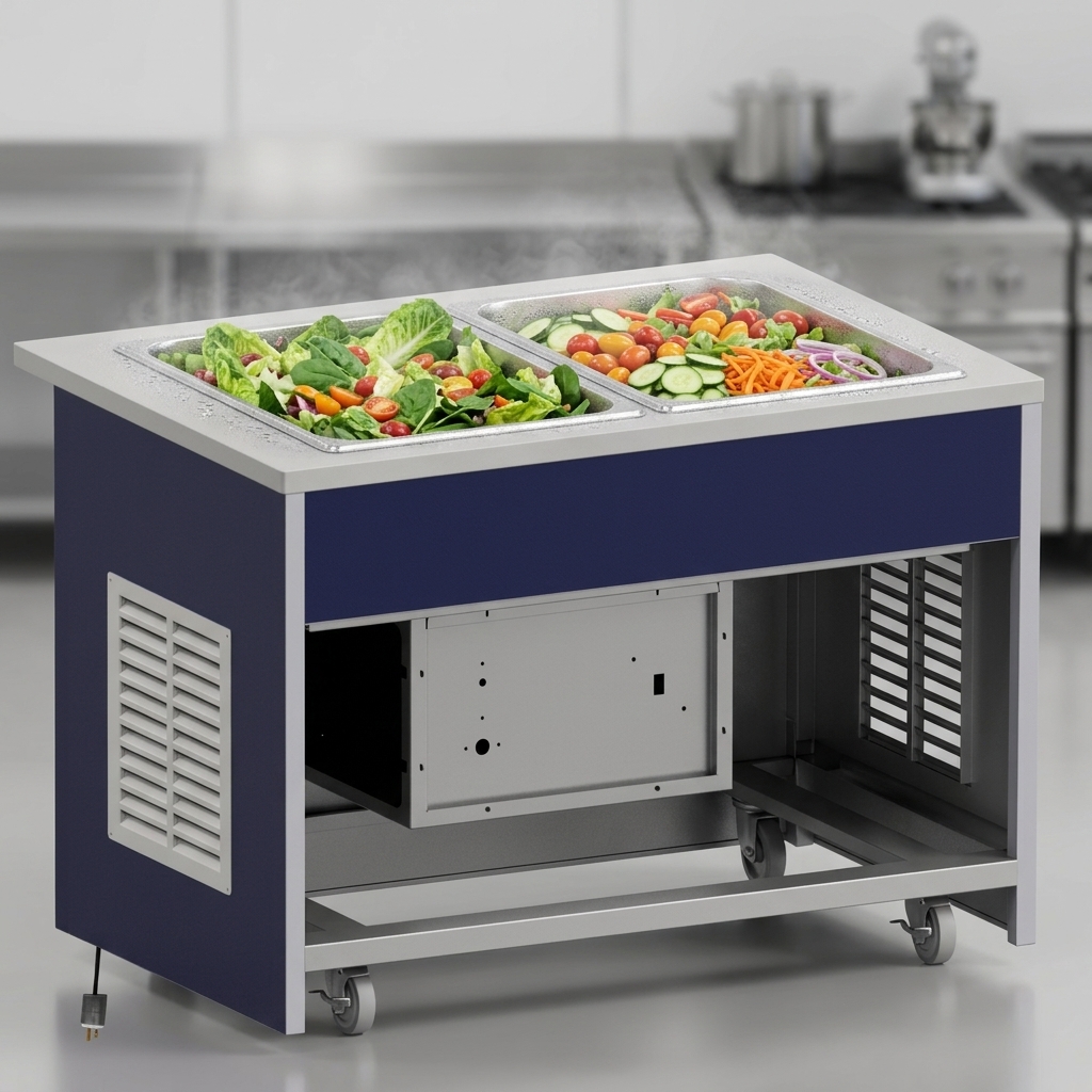 Observe the fully insulated cold pan of this refrigerated food unit, designed to keep your ingredients perfectly chilled with superior energy efficiency.