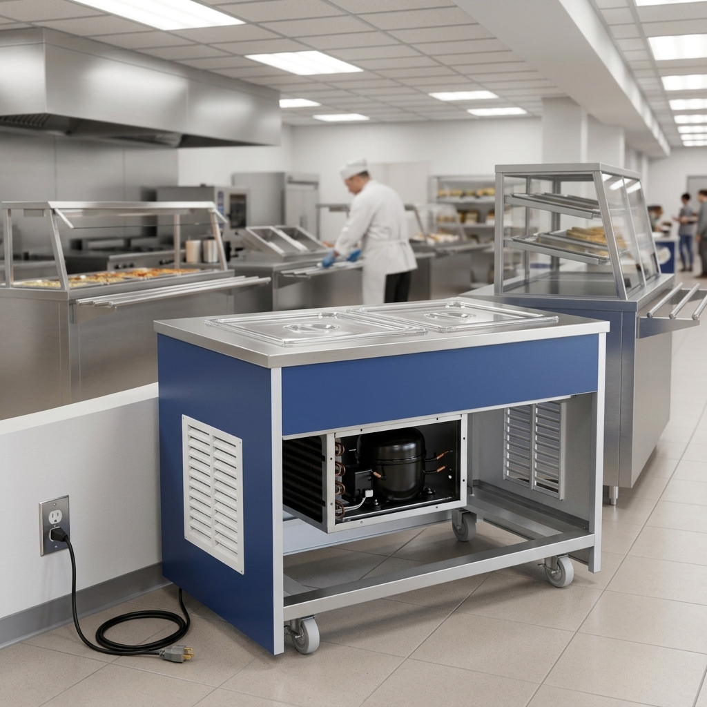 Experience effortless setup with this refrigerated cold food unit, featuring a self-contained refrigeration system for plug-and-play convenience.