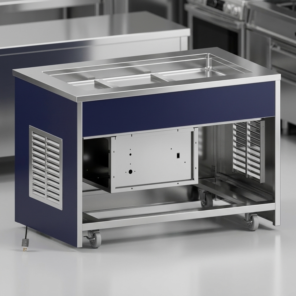This image highlights the Atlas Metal cold food unit's superior, durable stainless steel construction, crafted for demanding commercial use.