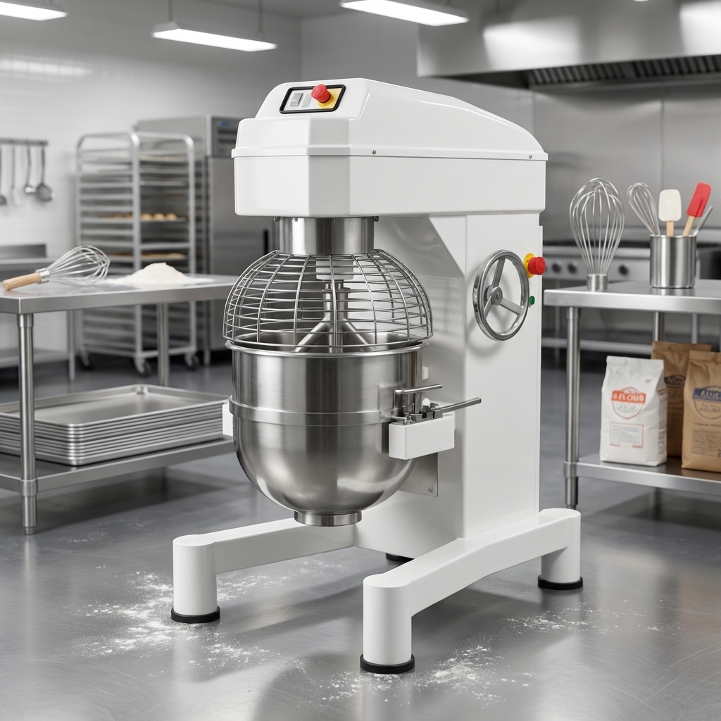 Closed bowl cage engages the safety interlock for safer operation in busy kitchens.