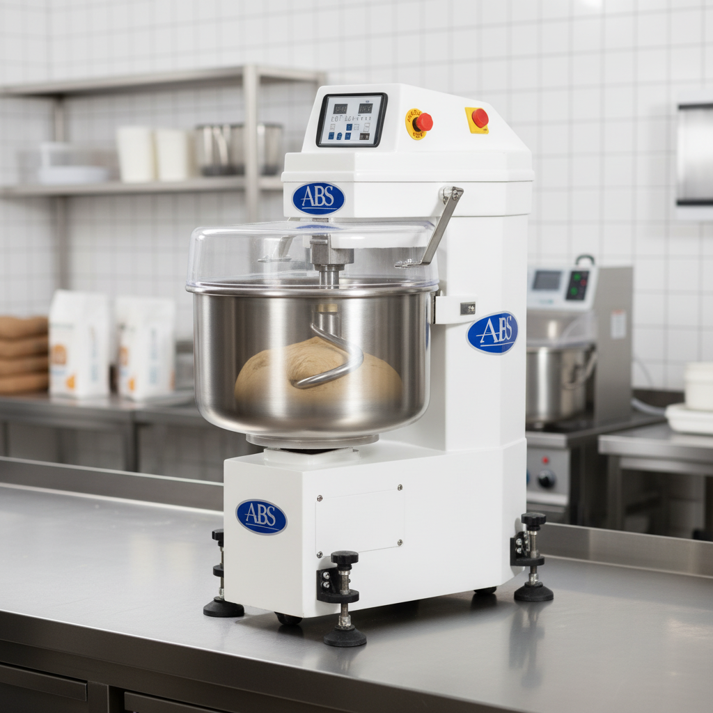 The ABSFBM-50 spiral dough mixer features a solid PVC bowl cover that securely contains ingredients and enhances safety during operation.