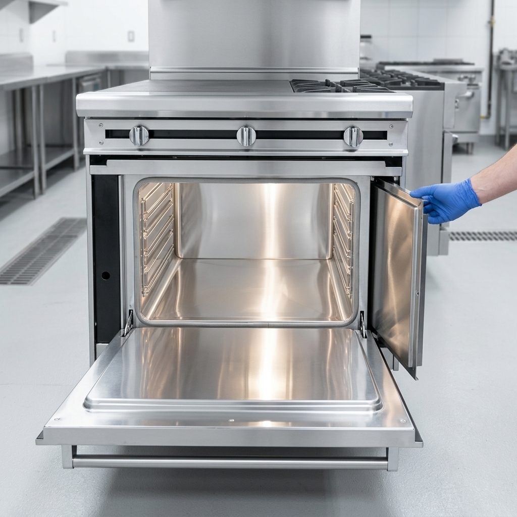 This image highlights the standard oven base of the heavy-duty gas range, demonstrating its removable stainless steel panels designed for effortless cleaning.