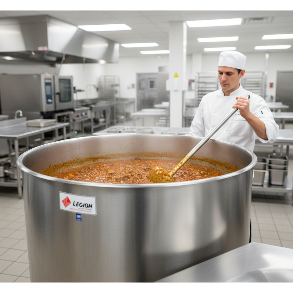 This image showcases the impressive 100-gallon capacity of the direct steam kettle, perfect for preparing large quantities of food.