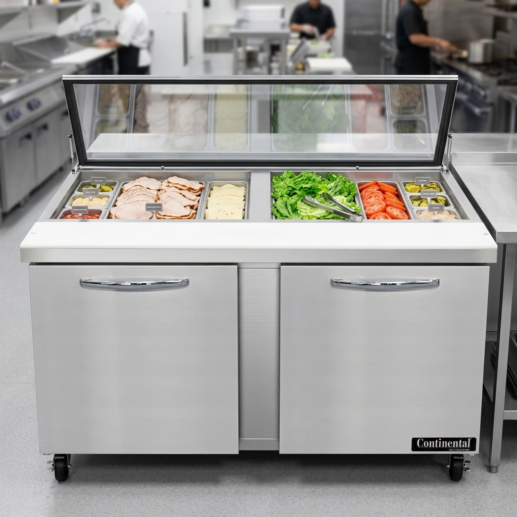 The hinged glass lid protects ingredients while providing clear visibility, perfect for busy kitchen staff.