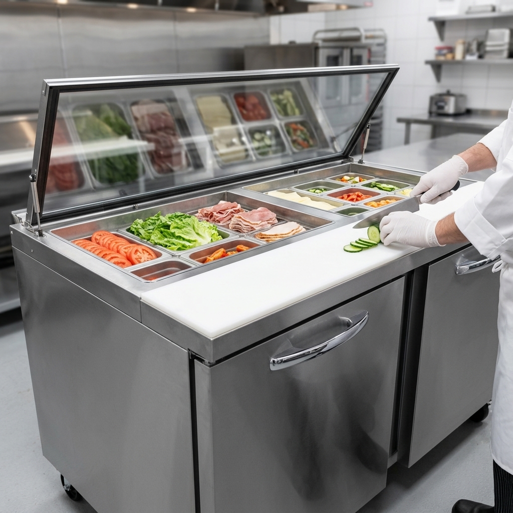 Effortlessly prepare sandwiches and salads on the generously sized 8-inch cutting board of this refrigerated prep table.