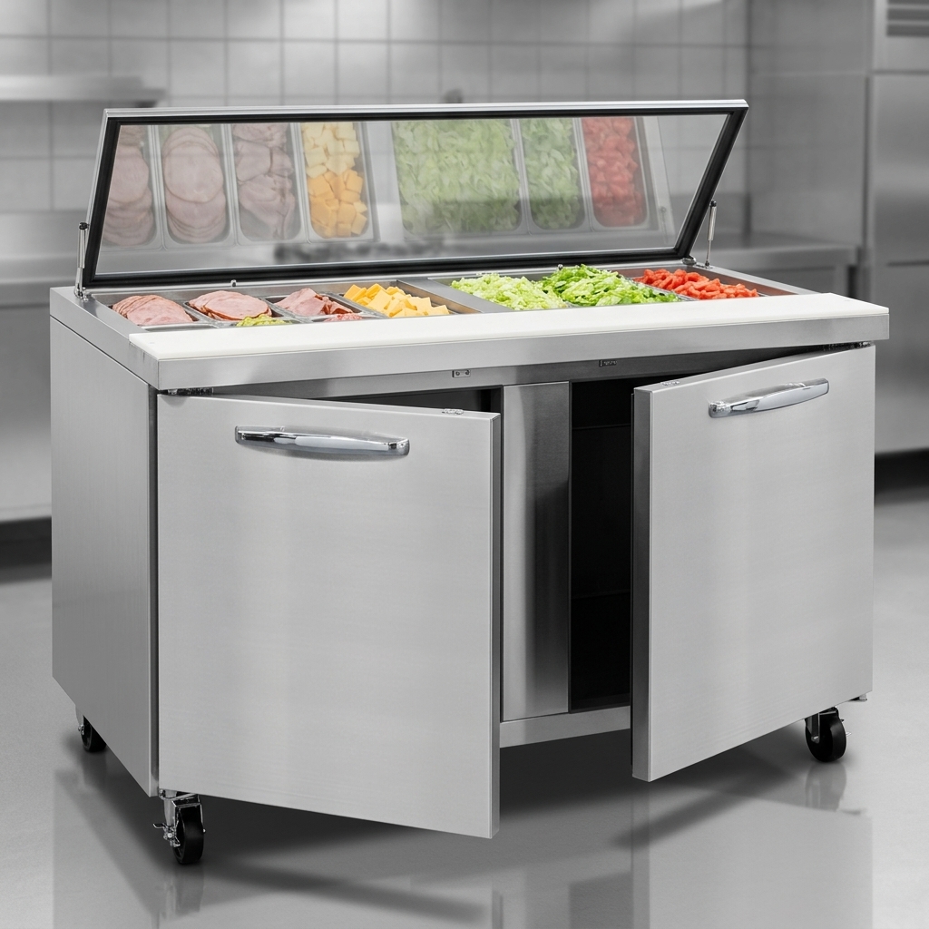 This image highlights the prep table's field rehingeable doors, offering flexible configuration options for any kitchen layout.