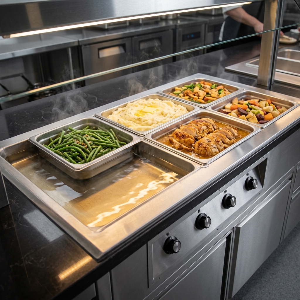 This image showcases the hot food well unit's wet operation, ensuring dishes remain perfectly moist and flavorful.