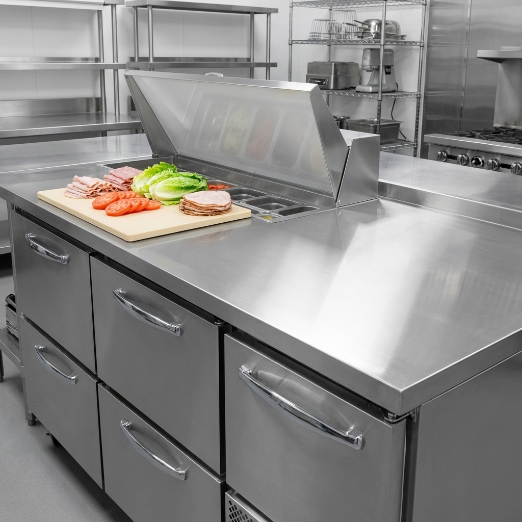 Experience the superior durability and sanitation of the 300 Series stainless steel top, designed for rigorous commercial food preparation.