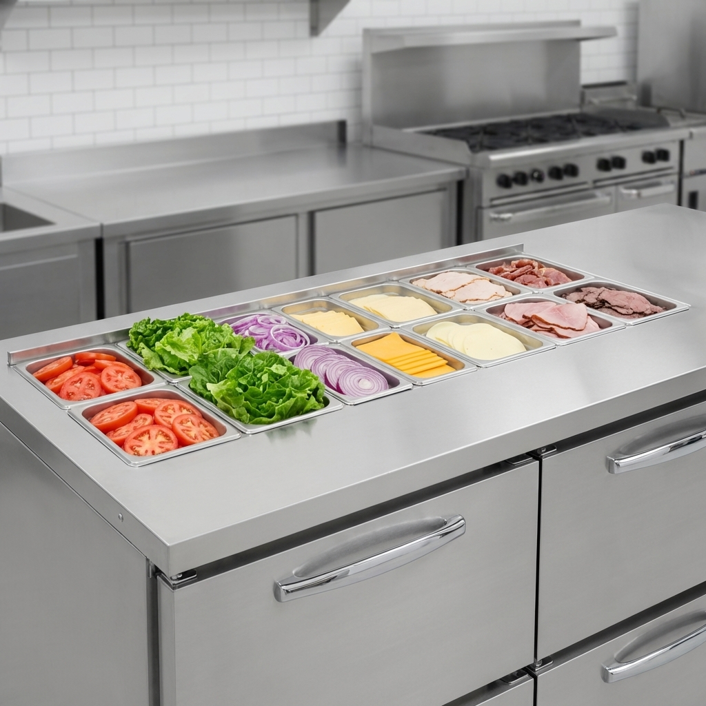 The integrated pan rail neatly organizes eighteen 1/6 size pans of fresh ingredients, ensuring quick and easy access for sandwich preparation.