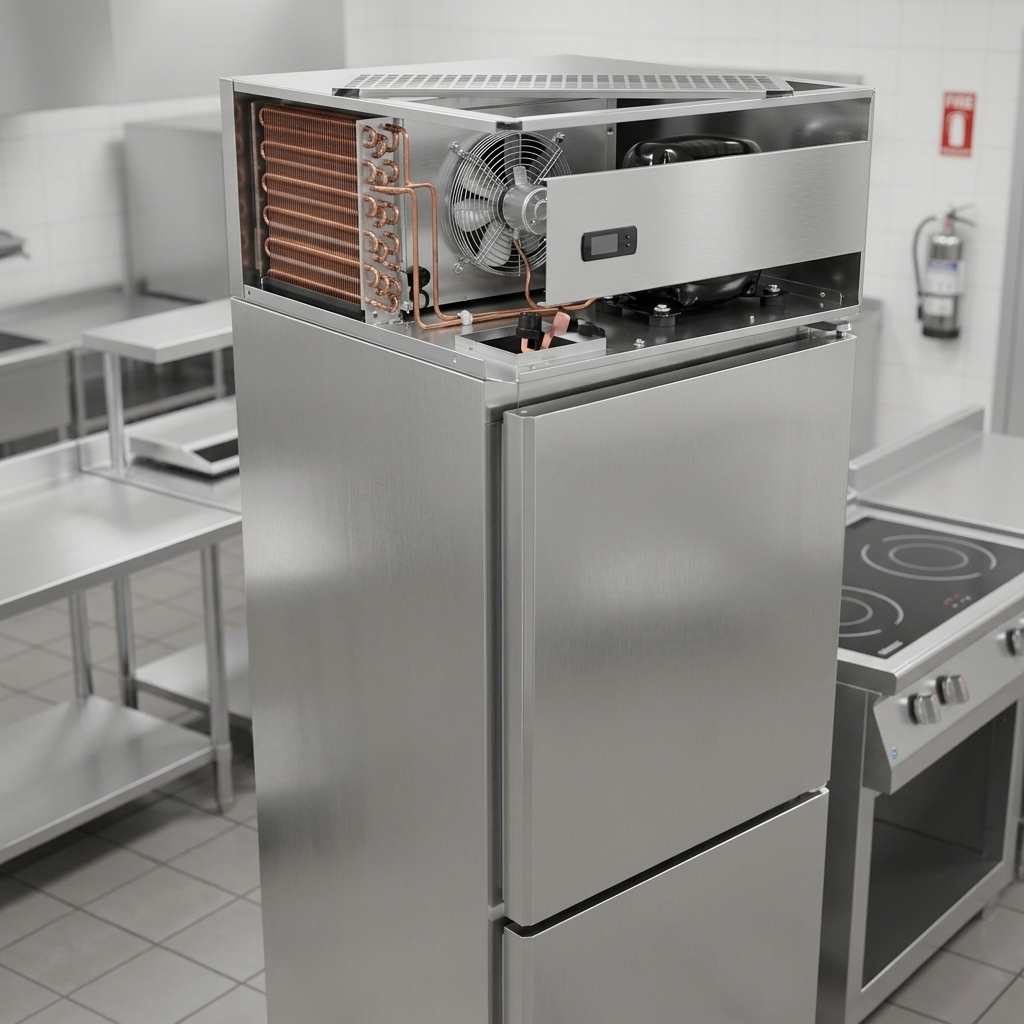 Observe the freezer's readily accessible, self-contained refrigeration system, strategically located on top for effortless servicing.