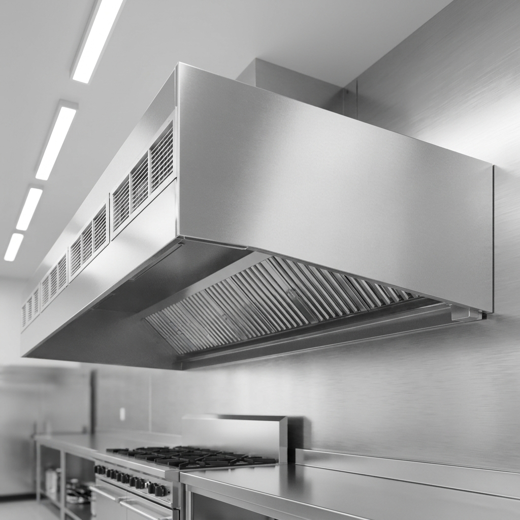 This image showcases the 84-inch exhaust hood's durable, heavy gauge Type 430 stainless steel construction, built for lasting performance in commercial kitchens.