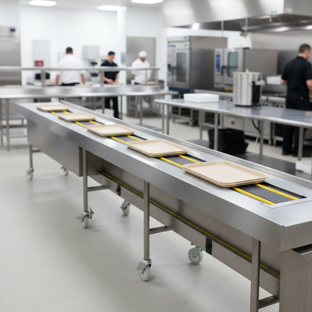Experience consistent and smooth tray transportation with the durable dual urethane band belts of this 12 ft. make-up conveyor.